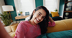 House, video call and woman with selfie, smile and confidence with influencer in lounge. Portrait, person and girl with happiness, live streaming and online chatting with joy, cheerful and excited
