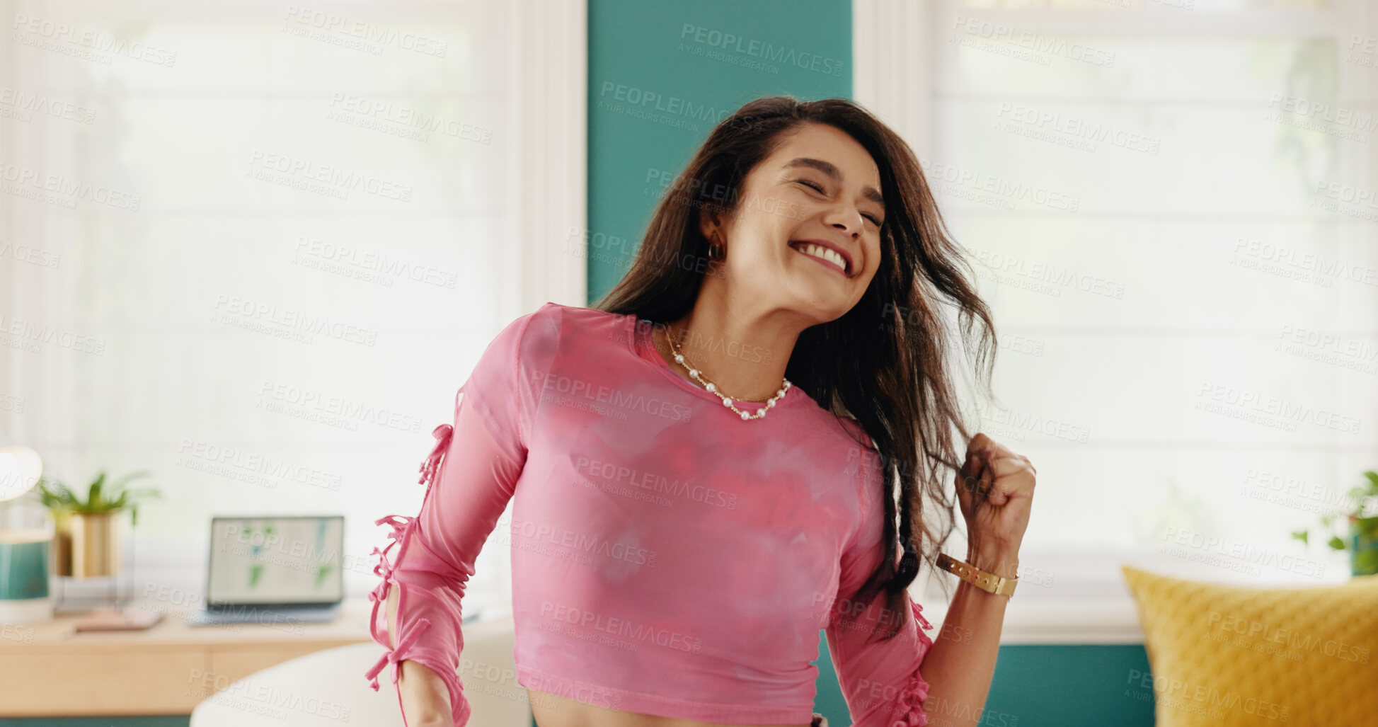 Buy stock photo Home, woman and happy with dancing for celebration, good news and excited for college acceptance. House, female person and rhythm with fist pump for achievement, university opportunity and energetic