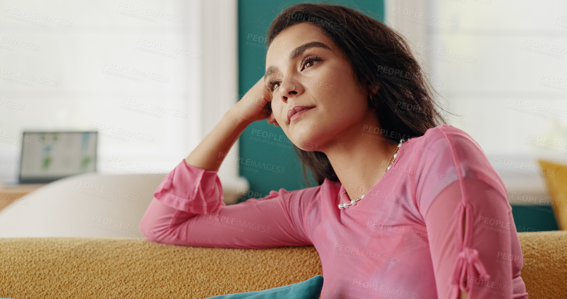 Buy stock photo Woman, thinking and ponder with dream on sofa for vision, idea or memory in living room at home. Female person, contemplating or decision for choice, solution or freelance ambition on couch at house