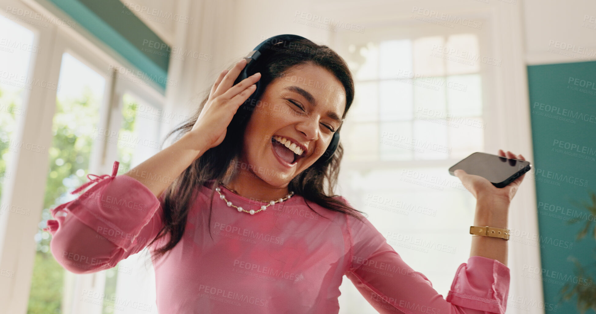 Buy stock photo Woman, winner and dance with cellphone for good news, college acceptance or success in home. Achievement, victory and opportunity for student in living room with university scholarship or wow results