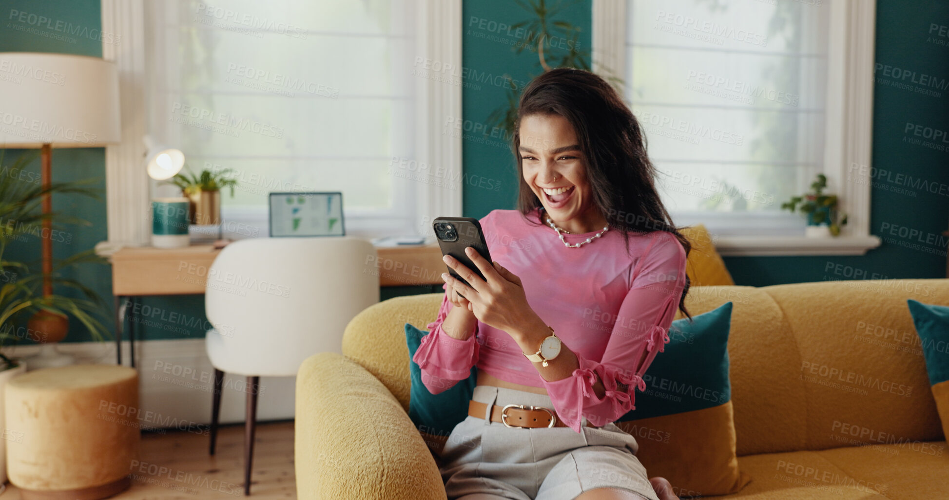 Buy stock photo Phone, win and excited woman in home, reading update or good news online. Mobile, success ir happy student on sofa for communication, exam results or check university acceptance email on internet app