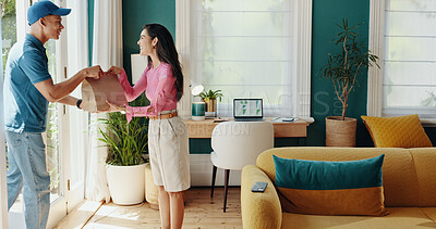 Buy stock photo Happy customer, delivery or meal with paper bag for door service, takeaway or fast food logistics at home. Woman, man or courier guy with package for ecommerce app, online order or supplies at house