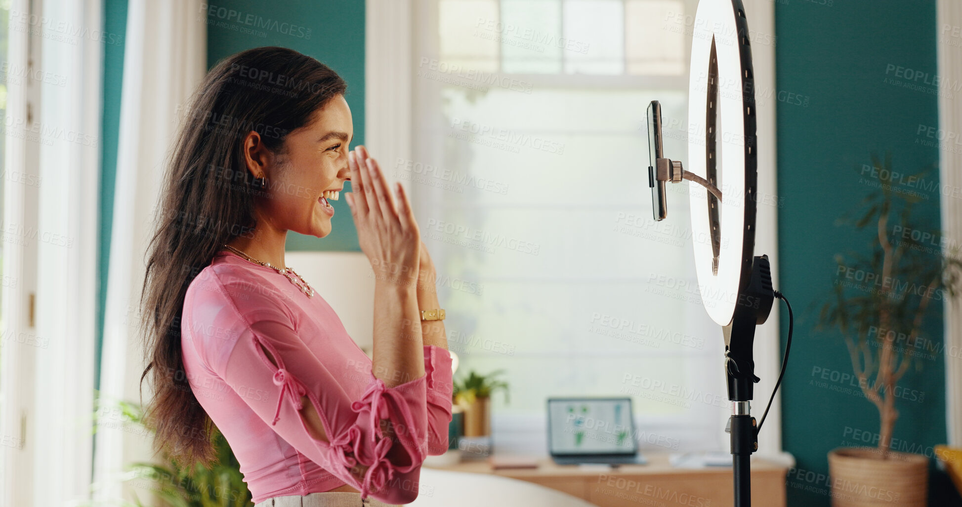 Buy stock photo Happy woman, influencer and phone with ring light for virtual communication, content creation or online streaming at home. Female person, user or vlogger with smile for web interaction or broadcast