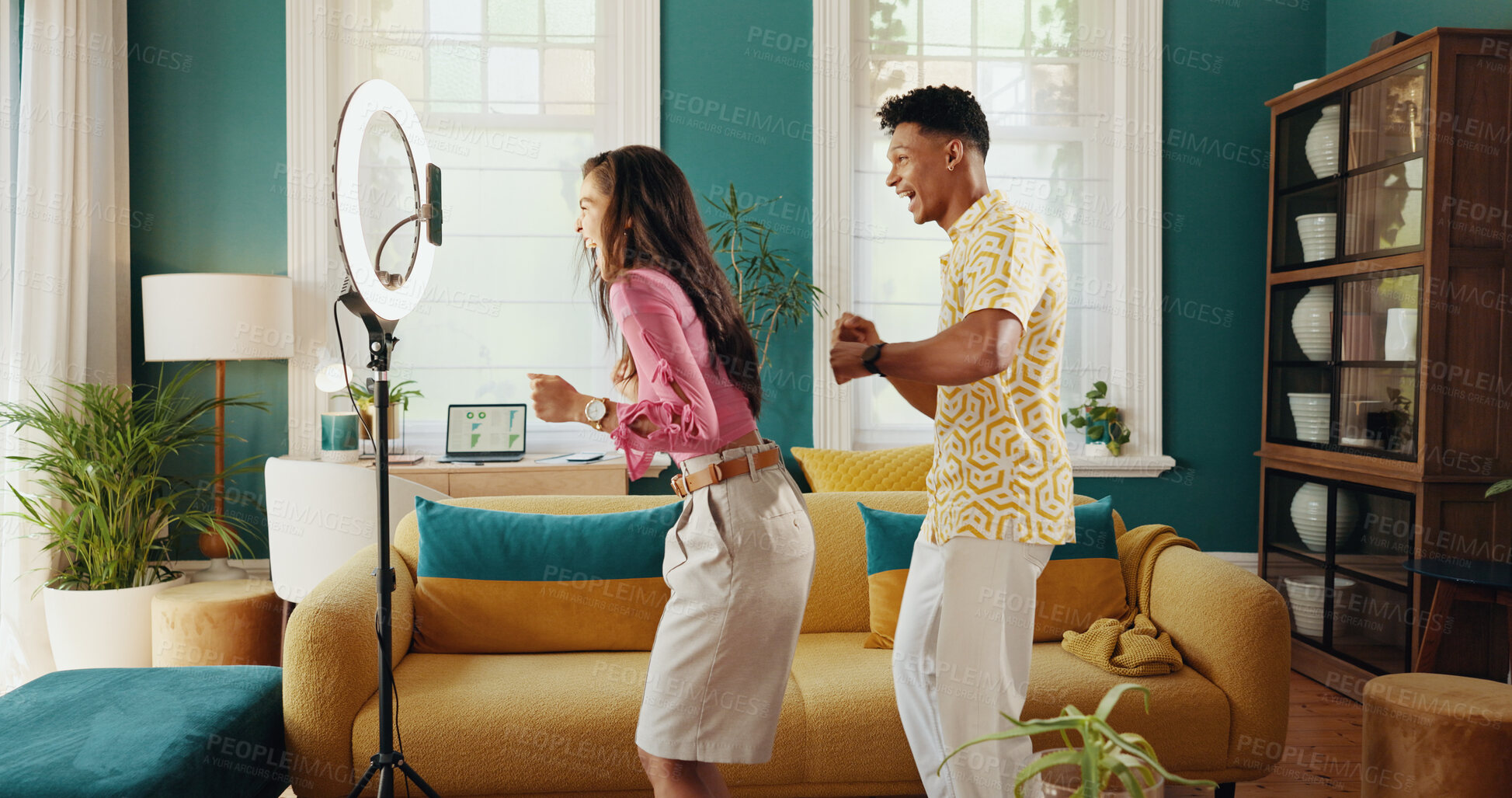 Buy stock photo Happy couple, dancing and ring light with phone for live recording, online streaming or vlog at home. Excited man, woman or influencers with smile for energy, reel or social media entertainment