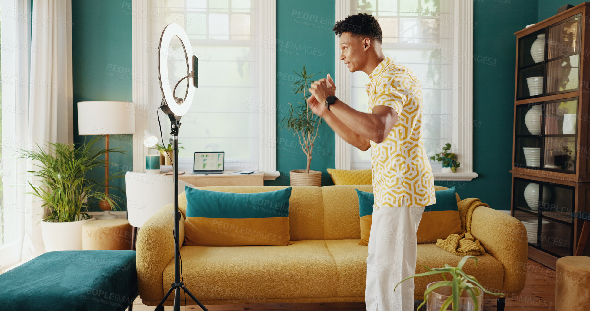 Buy stock photo Man, influencer or phone with ring light for virtual entertainment, content creation or recording at home. Male person, user or vlogger with mobile smartphone for web interaction or online engagement