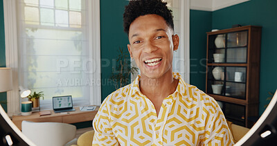 Buy stock photo Happy man, portrait and influencer with ring light for web service, online streaming or recording tips at home. Male person, blog or vlogger with smile for helpful information, guide or tutorial