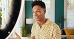 Happy man, influencer and talking with ring light for vlog, online streaming or recording at home. Male person, blog or vlogger with smile for content creation, information guide or web tutorial