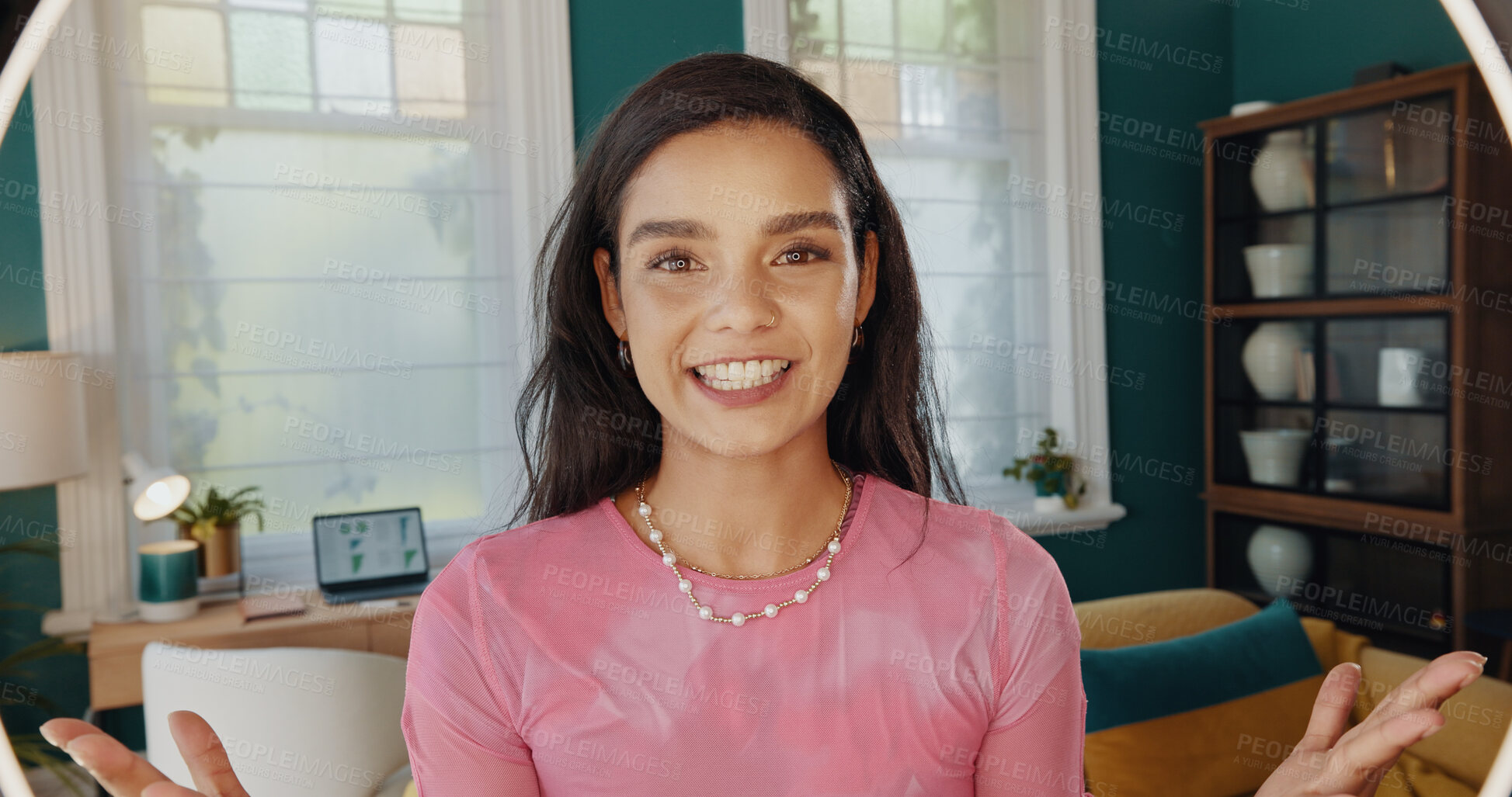 Buy stock photo Happy woman, portrait or influencer with presentation for content creation, online streaming or recording at home. Female person, blog or vlogger with smile for information, POV guide or tutorial
