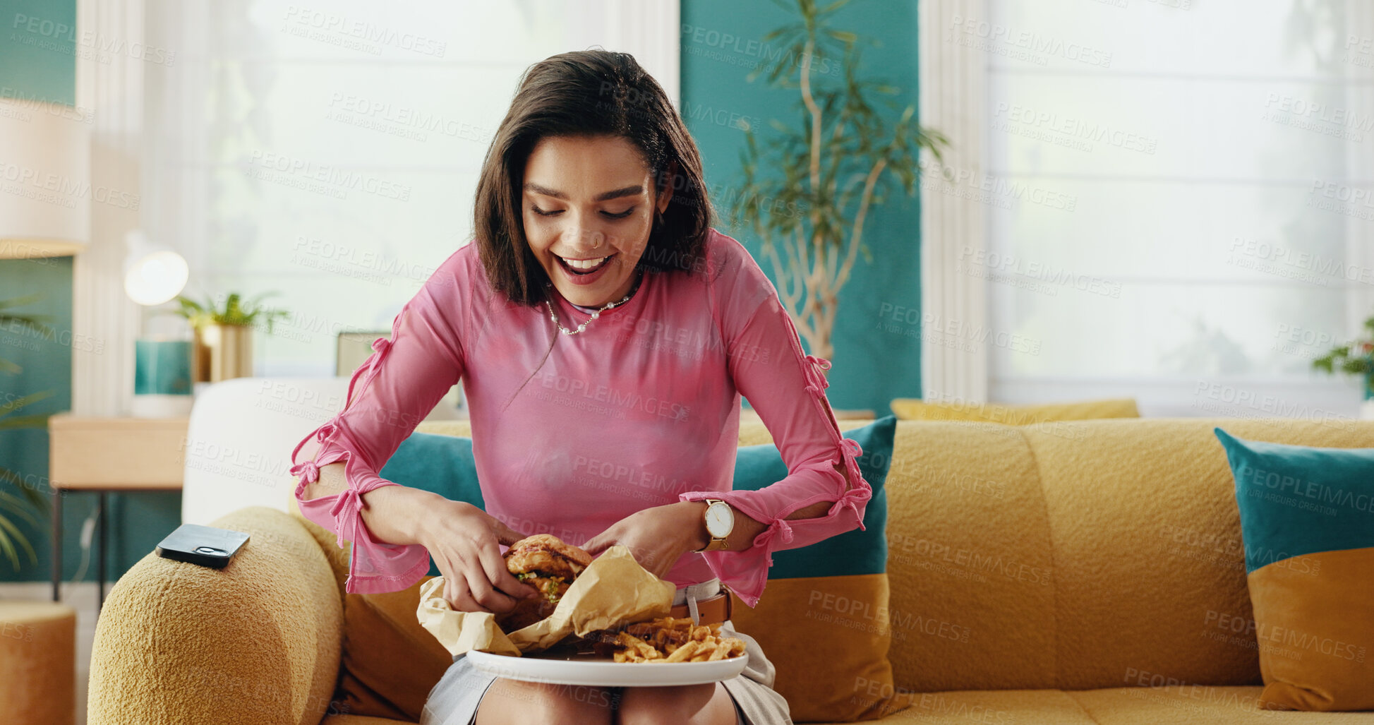 Buy stock photo Home, burger and happy woman with fast food, french fries and excited for takeaway. Nutrition, hamburger and girl eating lunch order, beef sandwich and meat for unhealthy diet or junk meal addiction