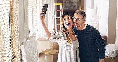 Buy stock photo Moving in, boxes and excited couple with selfie, smile and bonding together in new house. Man, woman and property for profile picture, memories and real estate for dream home celebration and mortgage