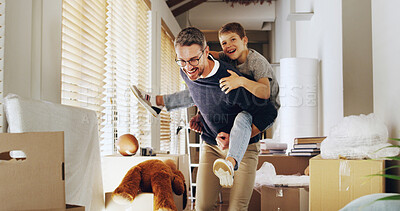 Buy stock photo New home, father and piggyback child for bonding, moving in and house property together. Real estate, family and kid with smile, excited boy and happy dad playing games to celebrate relocation