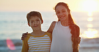 Buy stock photo Portrait, children and smile with hug outdoor for sibling love, summer vacation and bonding together. Happy, kids and embracing with lens flare for getaway trip, family support and affection at ocean