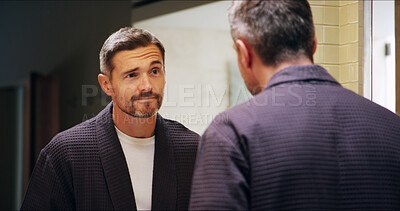 Buy stock photo Mirror, reflection and thinking with mature man in bathroom for morning routine, grooming and skincare. Wake up, vision and wellness with person at home for facial, health and cleaning with self care