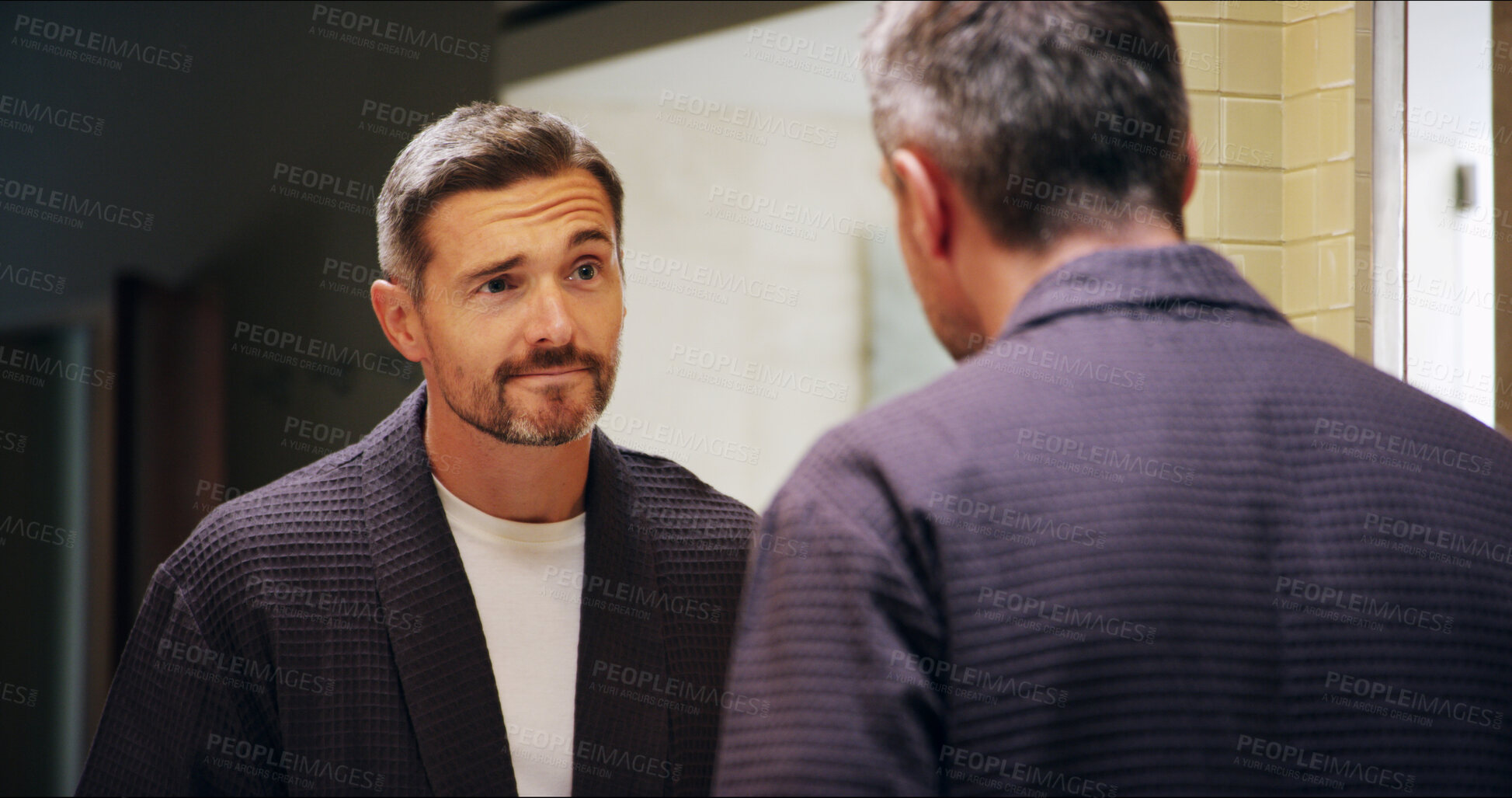 Buy stock photo Mirror, reflection and thinking with mature man in bathroom for morning routine, grooming and skincare. Wake up, vision and wellness with person at home for facial, health and cleaning with self care