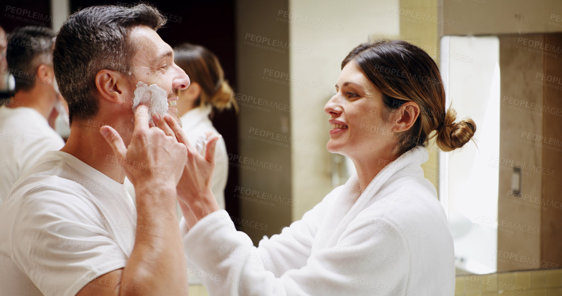 Buy stock photo Shaving, advice and couple in bathroom with beauty, skincare and facial treatment for hair removal. Support, care and woman with man in home with foam, marriage and grooming routine for hygiene