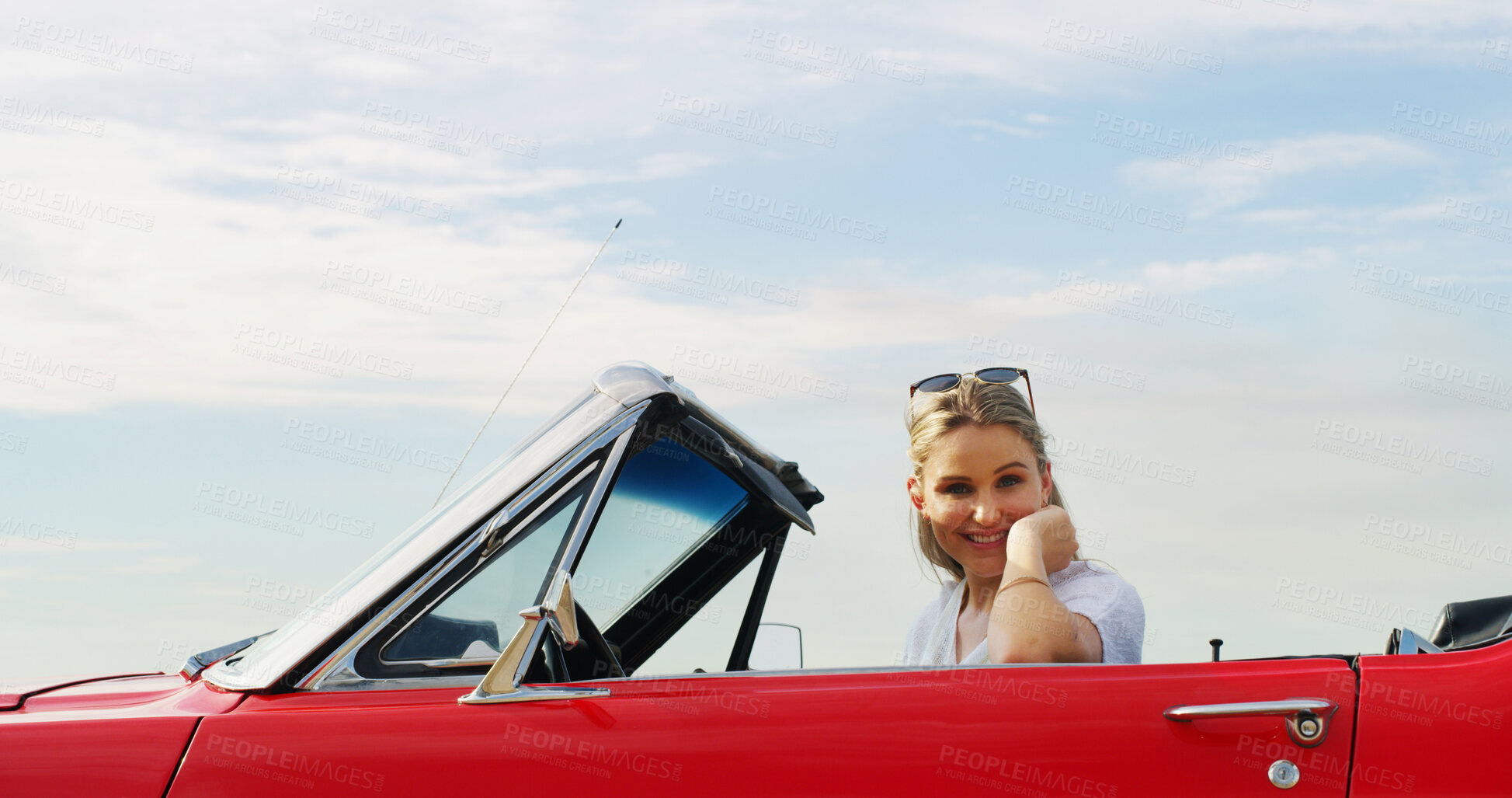 Buy stock photo Portrait, road trip and smile of woman in convertible for adventure, break or travel on blue sky. Holiday, summer and vacation with happy person outdoor in sports car for drive, journey or transport