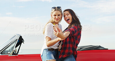 Buy stock photo Road trip, excited friends and selfie of women by car for travel, vacation or holiday outdoor. Convertible transport, happy girls and picture on journey for memory, video call and social media post