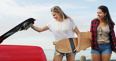 Buy stock photo Beach, travel and women with car, skateboard and bonding together with tourism, vacation and journey. Road trip, people or friends with vehicle, ocean or adventure with summer holiday, smile or Miami