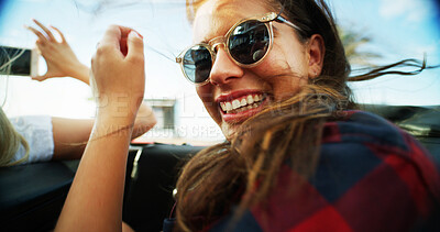 Buy stock photo Happy, women and sunglasses in convertible for road trip adventure, travel break and breeze outdoor. People, friends and laugh in sports car with scenery drive, transport journey and summer vacation