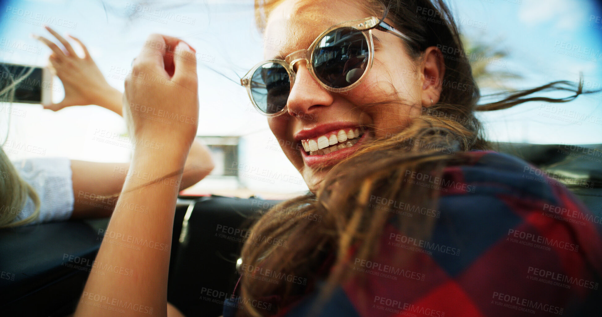 Buy stock photo Happy, women and sunglasses in convertible for road trip adventure, travel break and breeze outdoor. People, friends and laugh in sports car with scenery drive, transport journey and summer vacation