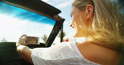 Buy stock photo Road trip, selfie and smile with woman in convertible for memories, photograph or social media. Drive, profile picture and travel with happy person in sports car for summer holiday or vacation