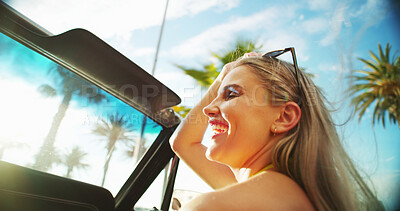 Buy stock photo Woman, laugh and sunglasses in car of road trip adventure, travel break and blue sky. Happy, female person and convertible vehicle with scenery drive, transport journey and summer vacation in Florida