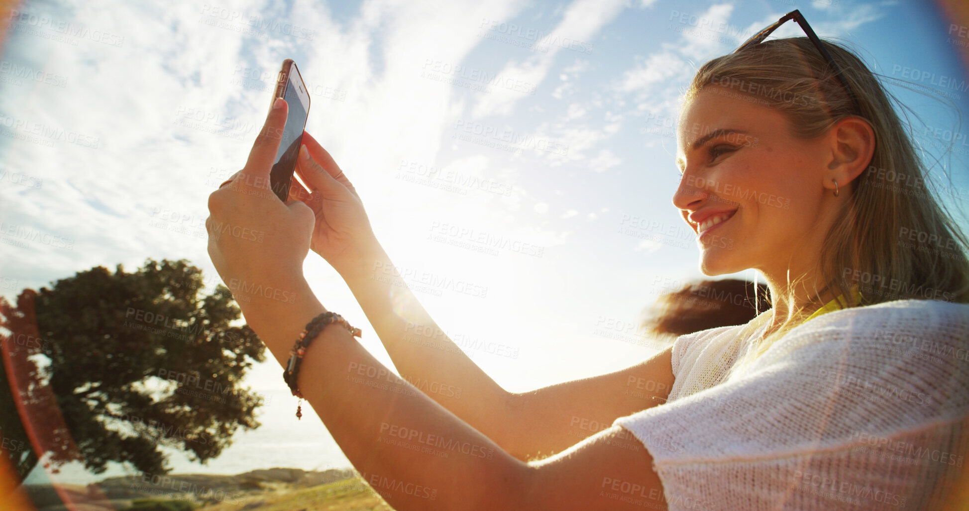 Buy stock photo Woman, selfie and happy on road trip for social media, journey update and travel blog. Influencer, live streaming and smile with tech for photography, vacation memories and networking in Australia