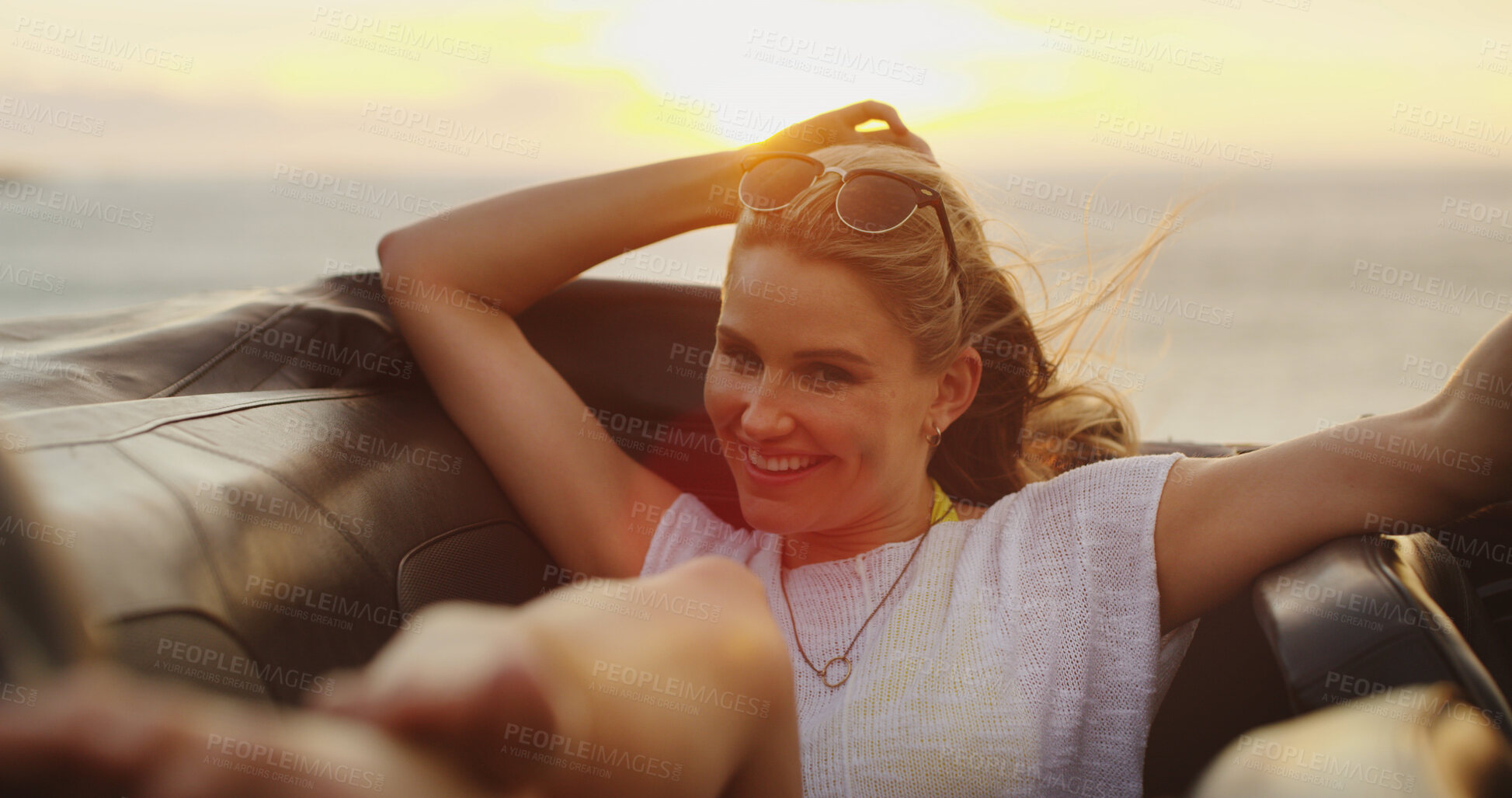 Buy stock photo Smile, woman and relax in car for road trip adventure, ocean travel and vacation destination. Happy, female person and rest in parking vehicle of journey transport, summer getaway and outdoor freedom