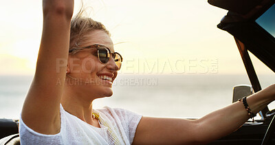 Buy stock photo Freedom, road trip and smile of woman in convertible for adventure, break or travel on blue sky. Holiday, sunglasses and vacation with happy person in sports car for drive, journey or transport