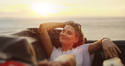 Buy stock photo Happy, woman and relax in car for road trip adventure, ocean travel and vacation destination. Smile, female person and carefree with vehicle of journey transport, summer getaway and outdoor freedom