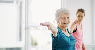 Buy stock photo Yoga, fitness and happy senior woman stretching for geriatric wellness and smile with coach. Healthy body, instructor and pilates exercise for physiotherapy, assistance and balance together in gym