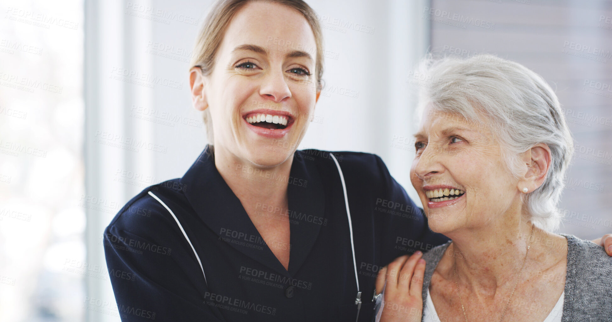 Buy stock photo Elderly woman, caregiver and laugh in nursing home with support, trust and friendly service. Senior care, portrait and patient with nurse in retirement center for rehabilitation, recovery or wellness