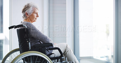 Buy stock photo Depression, lonely and sad with old woman in wheelchair, thinking of past memories or loss. Nostalgia, nursing home or retirement and senior person with disability in apartment for reflection