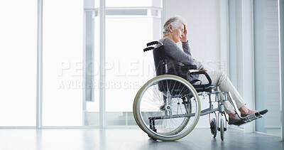 Buy stock photo Senior woman, crying and wheelchair at window with space, depression or lonely in nursing home. Elderly person with disability, mental health or sadness in retirement with emotions, grief or dementia