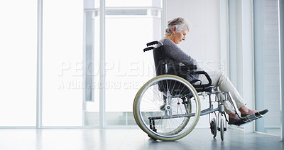 Buy stock photo Elderly woman, depression and wheelchair at window with memory loss, thinking and lonely in nursing home. Senior person with disability, mental health and sad in retirement with reflection on grief