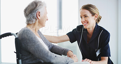 Buy stock photo Senior woman, caregiver or smile in nursing home with support, trust or friendly service. Elderly care, people or patient with disability in retirement center for rehabilitation, recovery or wellness