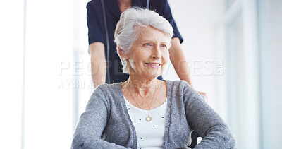 Buy stock photo Clinic, thinking and woman with wheelchair, smile and caregiver with help for mobility and kindness. Healthcare, patient and senior person with disability in nursing home, nurse and rehabilitation
