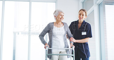 Buy stock photo Physical therapy, balance and woman with disability, healthcare or smile for rehabilitation in clinic. Space, physiotherapist and support for senior person with walker, help and kindness for patient