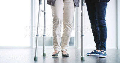 Buy stock photo Physical therapy, balance and patient with walker, healthcare or support for rehabilitation in clinic. Mockup, physiotherapist and help for senior person with disability, legs or kindness in hospital