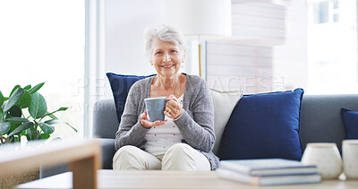 Buy stock photo House, portrait and old woman on sofa, coffee and relax with comfort in living room. Pensioner, apartment and elderly person on couch, herbal tea and resting with happiness, retirement and smile