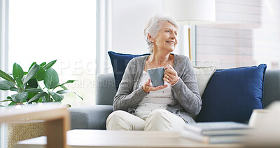 Buy stock photo Coffee, smile and thinking with senior woman on sofa in living room of retirement home for break. Drink, relax and wellness with happy mature person in apartment for idea, planning or vision