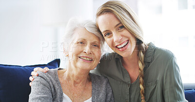 Buy stock photo Senior, woman and daughter in portrait on sofa for bonding together, relationship or weekend visit in retirement. Love, people and happy in home with relax, embrace and connection for support or care