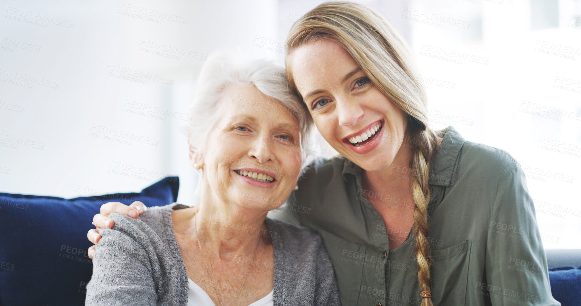 Buy stock photo Senior, woman and daughter in portrait on sofa for bonding together, relationship or weekend visit in retirement. Love, people and happy in home with relax, embrace and connection for support or care