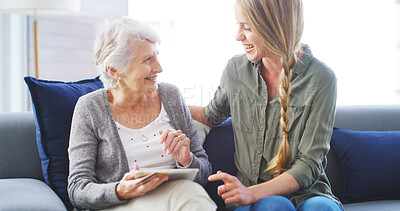 Buy stock photo Elderly mother, woman or credit card with tablet for online shopping, internet banking or payment in home. Senior mom, family or tech on sofa for ecommerce, easy bill settlement or helping with smile