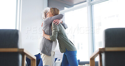 Buy stock photo Senior mother, hug and happy with women in house for advice, embrace and bonding together. Love, support and happiness with people in living room in family home for kindness, care and connection