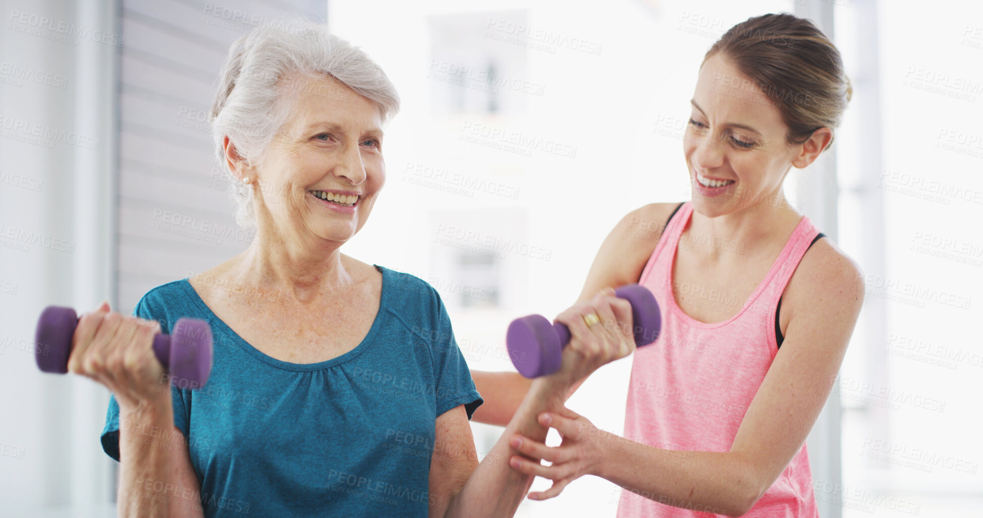 Buy stock photo Senior woman, physiotherapist and weights in gym for fitness, wellness and arm injury recovery. Elderly client, physiotherapy and dumbbells in practice for exercise, muscle development and joint care