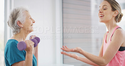 Buy stock photo Elderly woman, trainer or dumbbells for physiotherapy with smile, advice or rehabilitation in gym. Senior client, physiotherapist or weights in practice with support, muscle development or joint care
