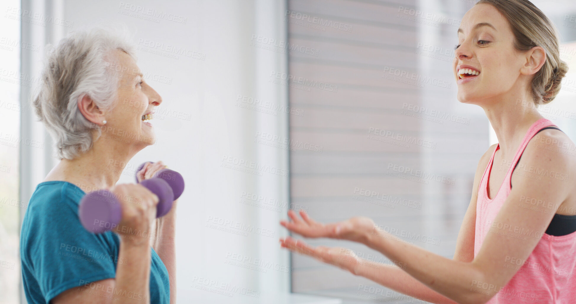 Buy stock photo Elderly woman, trainer or dumbbells for physiotherapy with smile, advice or rehabilitation in gym. Senior client, physiotherapist or weights in practice with support, muscle development or joint care