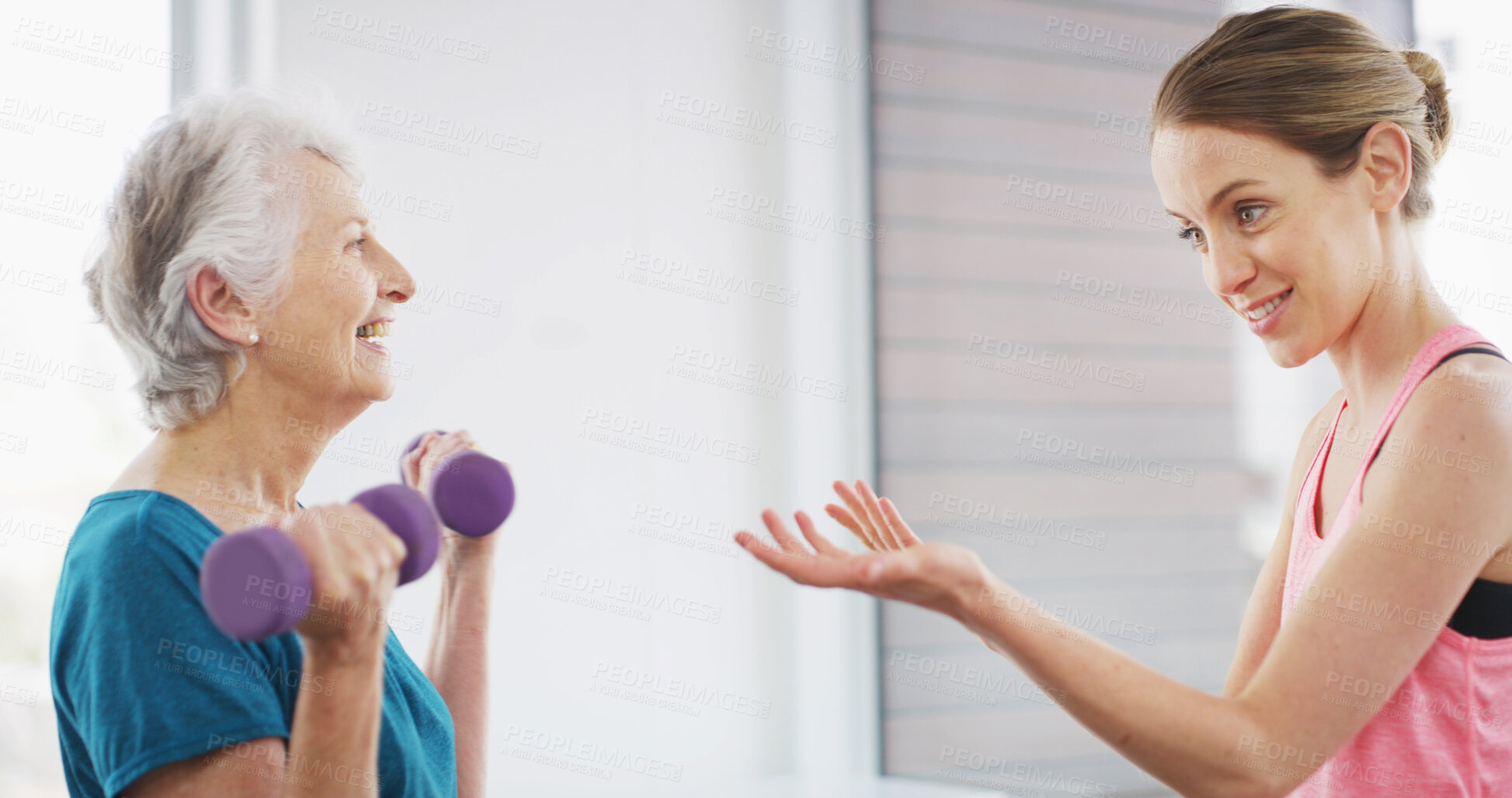 Buy stock photo Senior woman, trainer or dumbbells for physiotherapy with smile, advice or rehabilitation in gym. Elderly client, physiotherapist or weights in practice with support, muscle development or joint care