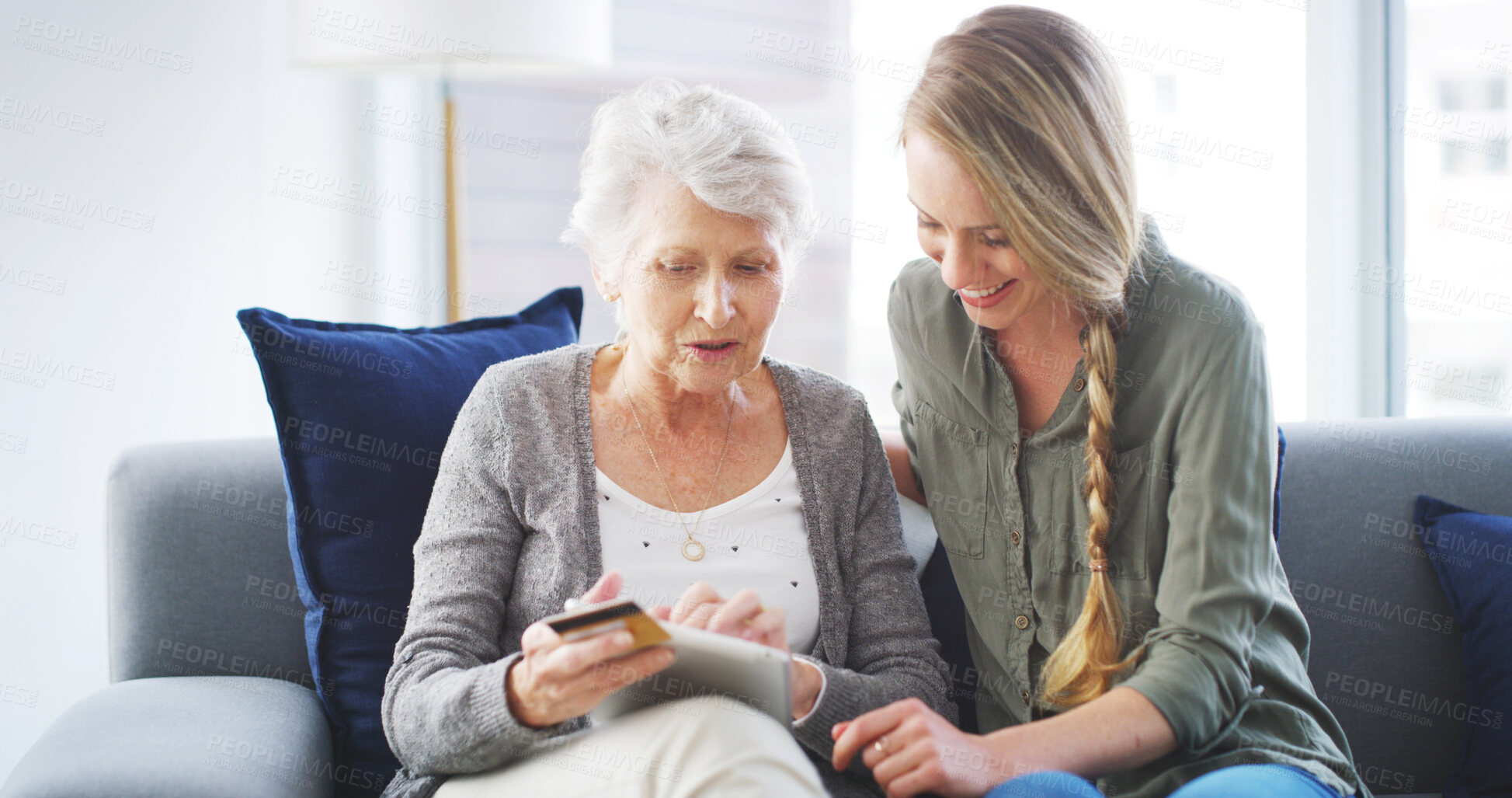 Buy stock photo Daughter, old woman or credit card with tablet in home for online shopping, easy checkout support and transaction. Ecommerce, family or helping mother with bills payment, web purchase or subscription